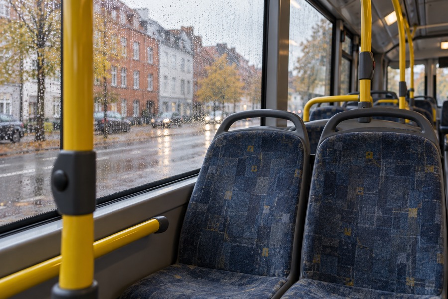 AI-genereret genrebillede af et businteriør med sæder og håndgreb.
