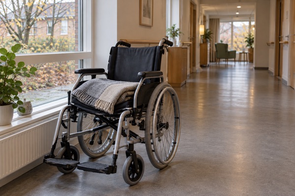 AI-genereret genrebillede af en kørestol med tæppe på en gang; ikke den konkrete beredskabsøvelse.