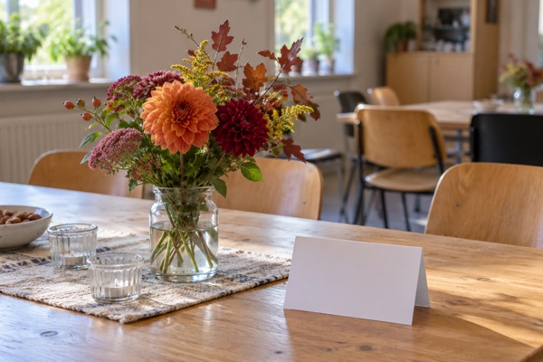 AI-genereret genrebillede af blomster og et blankt kort på et fællesbord.