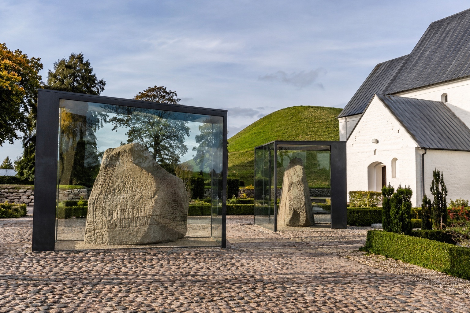Fortolkende illustration af Jellings runesten og historiske landskab