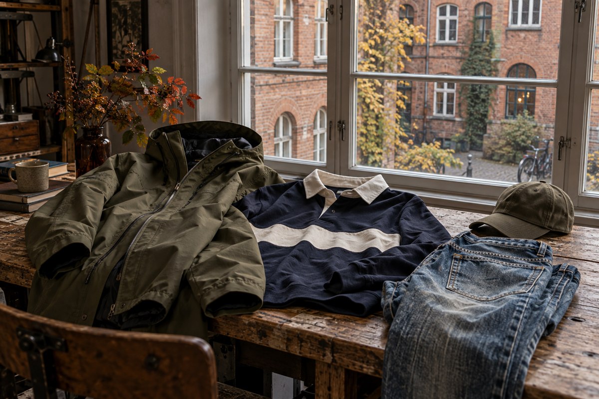 Jakke, rugbytrøje, denim og kasket ved et vindue til en københavnsk gård