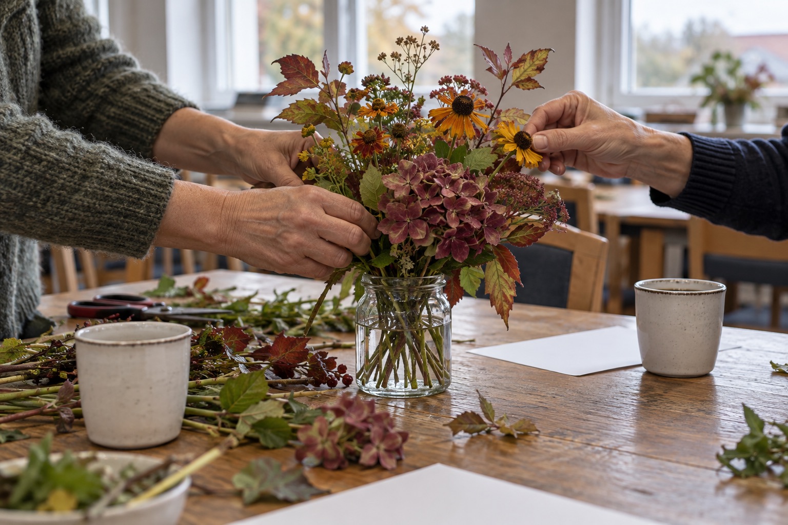 AI-genereret genrebillede af hænder, der arrangerer blomster ved et fællesbord.