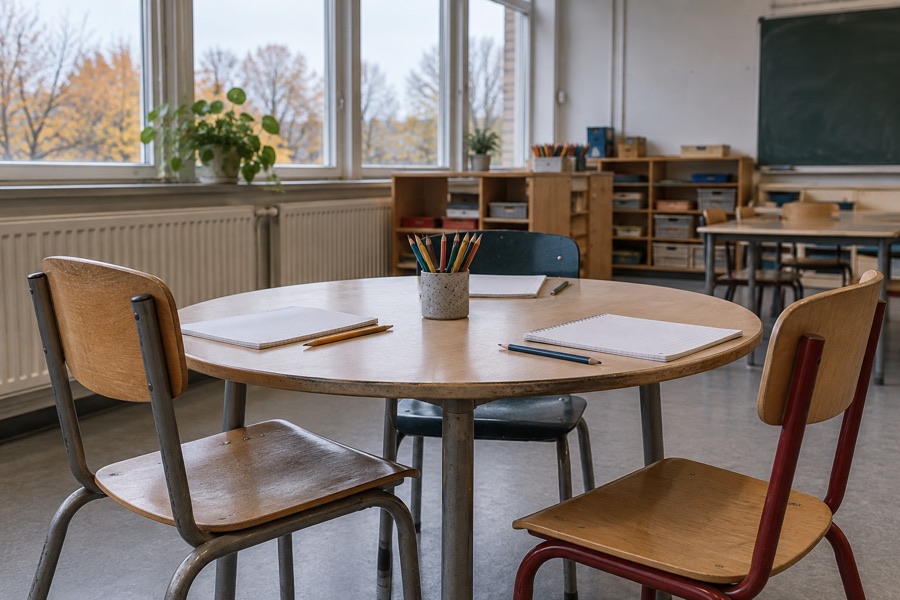 AI-genereret genrebillede af et tomt klasseværelse; ikke en konkret Odense-skole.