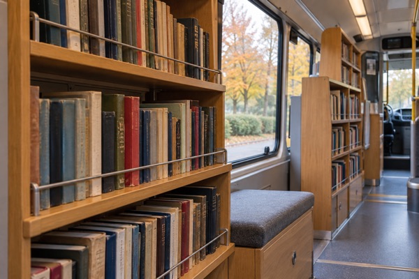AI-genereret genrebillede af bogreoler i et mobilt bibliotek; ikke Roskildes bogbus.
