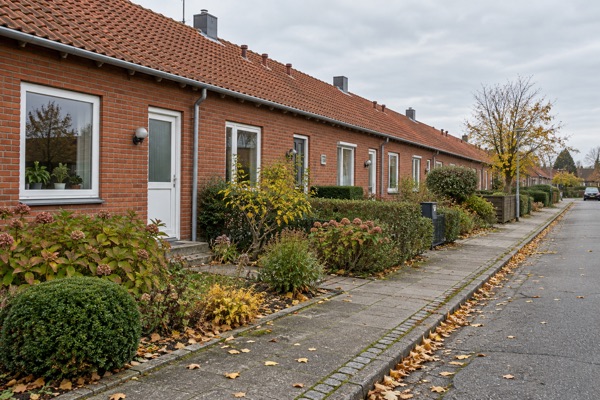 AI-genereret genrebillede af rækkehuse; ikke det planlagte projekt i Skærbæk.