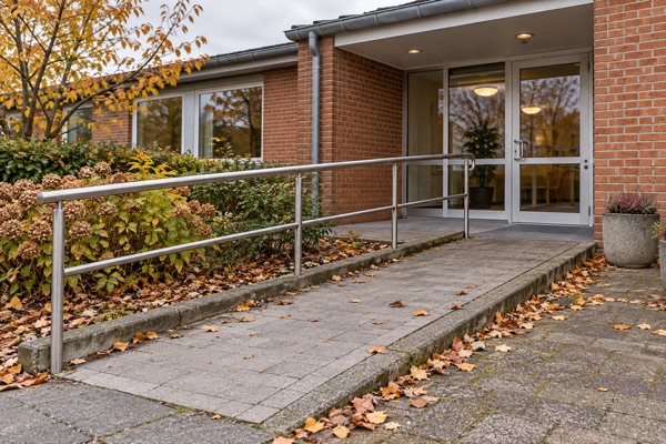AI-genereret genrebillede af en indgang med rampe; ikke Thy Hallen.