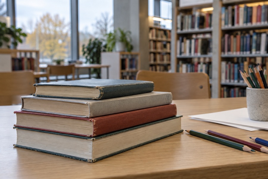 AI-genereret genrebillede af bøger og tegneredskaber på et biblioteksbord; ikke Cosmos.