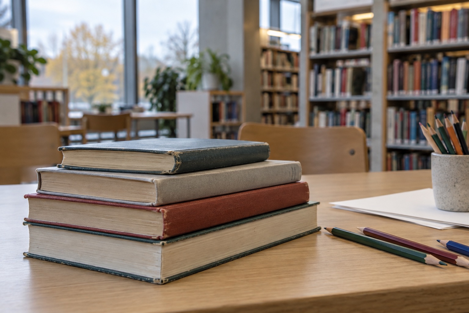 AI-genereret genrebillede af bøger og tegneredskaber på et biblioteksbord; ikke Cosmos.